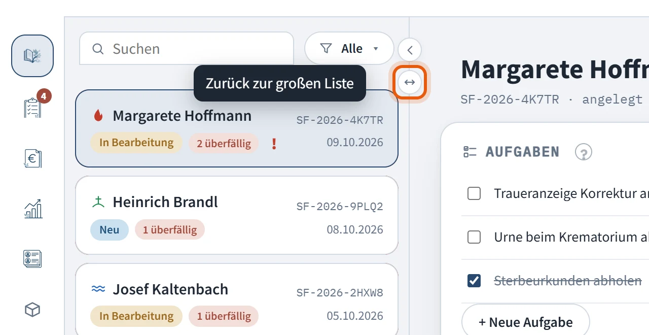 Liste ausblenden oder wieder aufklappen